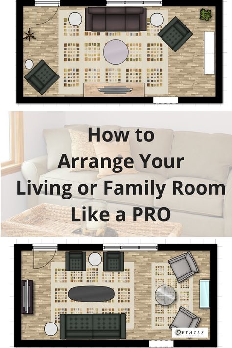 Easy tips for how to arrange your furniture like an interior designer. Create a cozy, functional room for your family. #livingroom #familyroom #furniturearrangement #cozyroom Furniture Positioning Living Rooms, King Living Room Layout, Ranch Style Living Room Layout, Big Long Living Room Ideas, Large Tv Room Furniture Layout, Two Story Family Room Furniture Layout, Maximum Seating Living Room, Family Room Furniture Layout With Tv, Sofa And Chairs Layout