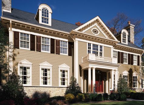 Quintessential Colonial! All the gorgeous Affinity exterior colors shown on this beautiful colonial are available at Boulevard Paints!   - Colors Shown: Weimaraner, Marscarpone, Wenge, & Dinner Party. Benjamin Moore Wall Colors, House Siding Colors, Painted Brick Houses, Exterior Paint Color Schemes, Colonial Revival House, Benjamin Moore Exterior, Exterior Color Combinations, Top Paint Colors, Fine Paints Of Europe