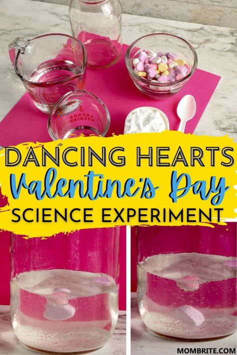 Valentine Day Science Experiment For Kids, Dancing Candy Hearts Experiment, Valentine’s Day Science Experiment Preschool, Fizzing Hearts Experiment, Edible Valentines Crafts For Kids, Valentines Science For Toddlers, Valentines Preschool Science Activities, Fizzy Hearts Science, Conversation Heart Experiment