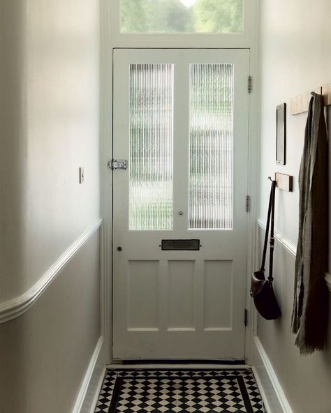 Reeded Glass Front Door, Reeded Glass Window, Paint Hallway, Glass Front Door Privacy, Painted Hallway, Hall Tiles, Reeded Glass, Best Paint, Window Film Privacy