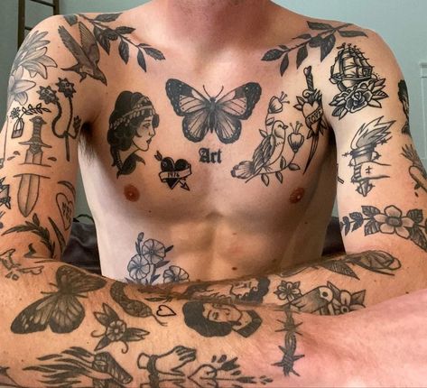 Black And White Aesthetic Tattoo, Black Tattoo Aesthetic, Men’s Patchwork Tattoos, Hand Traditional Tattoo, Body Tattoos Men, Traditional Tattoo Art Black And White, Small Black Tattoo, Mens Patchwork Tattoo Sleeve, Mens Patchwork Tattoo