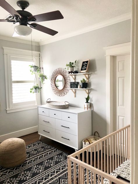 Gender Neutral Nursery Grey Walls, Black White And Green Nursery, Black And White Nursery Gender Neutral, Greenery Nursery Decor, Neutral Nursery Paint Colors, Gray Gender Neutral Nursery, Modern Gender Neutral Nursery, Greenery Nursery, Grey Nursery Walls