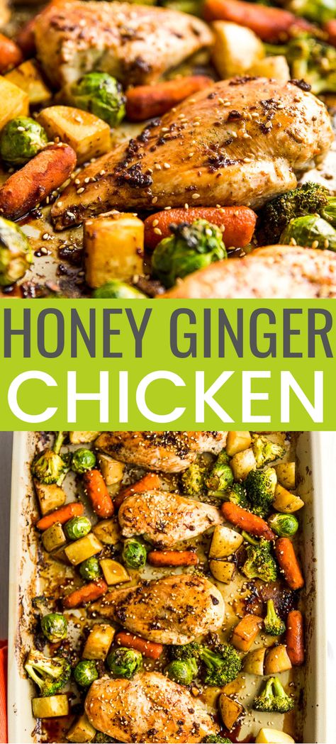 This Honey Ginger Chicken Sheet Pan Dinner is an easy Asian-inspired dish made with a tangy homemade sauce. You only need one pan to make it, so cleanup is a breeze! #chicken #sheetpandinner Ginger Recipes Dinner, Sheet Pan Suppers Recipes, Honey Ginger Chicken, Chicken Sheet Pan Dinner, Ginger Chicken Recipes, Easy Supper Recipes, Chicken Sheet Pan, Sheet Pan Meals Chicken, Sheet Pan Dinners Chicken