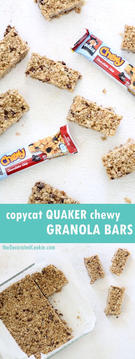 copycat Quaker chewy chocolate chip granola bars Chocolate Chip Granola Bar Recipe, Chewy Chocolate Chip Granola Bars, Quaker Chewy Granola Bars, Protein Granola Bars, Chocolate Chip Granola, Chocolate Chip Granola Bars, Chewy Granola Bars, Protein Bars Homemade, Granola Recipe Bars