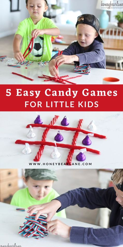 These five games you can play with purely candy are easy and fun and yummy for little kids! It's perfect to play at birthday parties or this summer when the kids complain of boredom. Candy games for kids parties. Candy games for kids activities. Candy Games For Kids, Games With Candy, Bored Kids Activities, The Candy Bar Game, Games For Little Kids, Summer Boredom Busters, Summer Boredom, Easy Candy, Bored Kids