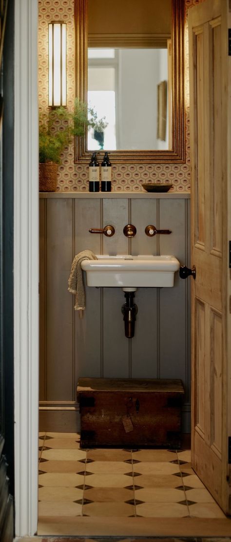 Boot Room Toilet, Under Stairs Cloakroom, Wallpaper Downstairs Toilet, Downstairs Loo Ideas, Under Stairs Bathroom Half Baths, Half Bath Under Staircase, Powder Room Under Staircase, Downstairs Toilet Wallpaper, Under Stairs Powder Room