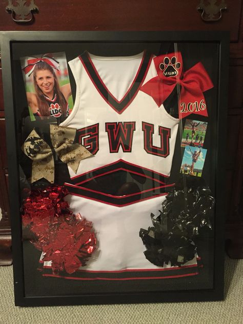 Senior Cheer Shadow Box Ideas, Cheerleader Shadow Box Ideas, Senior Shadow Box Ideas, Cheer Uniform Shadow Box Ideas, Cheer Shadow Box Ideas, Cheer Uniform Shadow Box, Senior Cheer Banners, Sports Shadow Boxes, Hope Squad