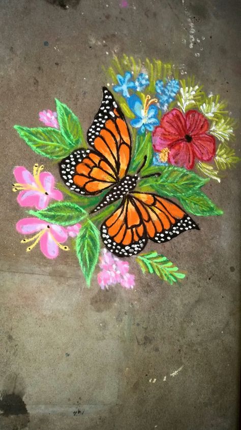 Butterfly Rangoli Designs Latest, Butterfly Rangoli Design, Cartoon Rangoli Designs Easy, Bird Painting Easy, Butterfly Kolam, Butterfly Rangoli, Cartoons Rangoli Design, Chalk Art Festival, Easy Rangoli Designs Videos