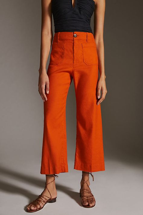 Red Linen Pants, Petite Womens Clothing, Linen Pants Outfit, Side Pants, Ibiza Outfits, Orange Pants, Red Orange Color, Petite Blouses, Orange Outfit