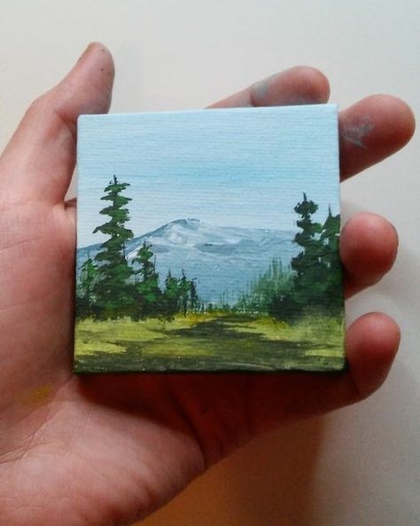 Tiny Canvas Painting Watercolor, Mini Canvas Paintings Landscapes, Small Painting Gift Ideas, Tiny Paintings Aesthetic, Tiny Canvases Ideas, Landscape Mini Paintings, Mini Landscapes Painting, Painting Ideas Tiny Canvas, Painting On Tiny Canvas