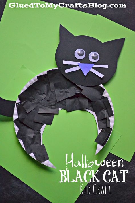 Halloween Black Cat {Kid Craft} Dekorasi Halloween, Halloween Infantil, Halloween Crafts Preschool, Craft Halloween, Black Craft, Halloween Crafts For Toddlers, October Crafts, Chat Halloween, Halloween Arts And Crafts