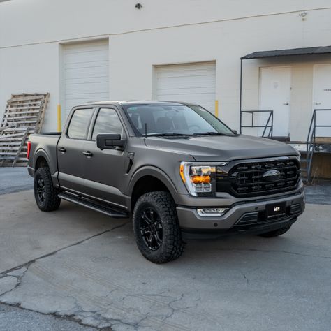 Custom 2024 Ford F-150 truck with blackout trim and a satin gray vinyl wrap. Ford F150 Accessories, F150 Accessories, Truck Accessories Ford, Fords 150, Ford Trucks F150, Truck Accessories, Vinyl Wrap, Car Wrap, Ford F 150