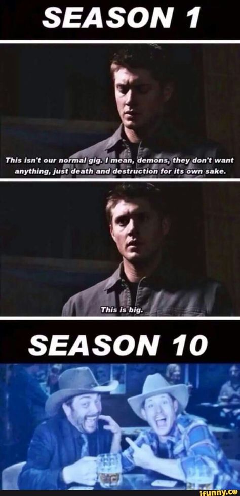 Supernatural: Dean and friendly  demons meme Season 1 -Season 10 Supernatural Season 10, Spn Memes, Supernatural Pictures, Tv Supernatural, Supernatural Seasons, Supernatural Fans, Supernatural Funny, Winchester Brothers, Supernatural Cast