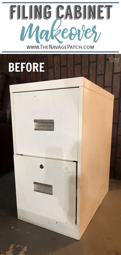 Metal Filing Cabinet Makeover | How add wood trim to metal file cabinet | How to customize an old filing cabinet | Industrial style refinished file cabinet | DIY file cabinet makeover | #TheNavagePatch #easydiy #DIY #Industrial #industrialfurniture #DIYfurniture #farmhouse #furnituremakeover #paintedfurniture #farmhousestyle #upcycled | TheNavagePatch.com File Cabinet End Table, File Cabinet Diy, Metal Filing Cabinet Makeover, Old Filing Cabinet, Filing Cabinet Makeover, Painted File Cabinets, Teen Bedroom Makeover, Diy File Cabinet, Metal File Cabinet