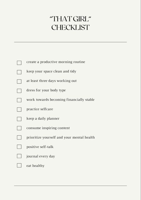 Want to become „That girl“? Here‘s a checklist that guides you on your way. #selflove #checklist #loveyourself #asthetik That Girl Checklist, 2024 Checklist, 2023 Checklist, Relationship Checklist, Morning Journal Prompts, Self Care Bullet Journal, Vision Board Affirmations, New Year New Me, Get My Life Together