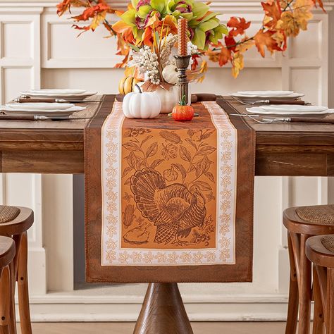 PRICES MAY VARY. Polyester ELEVATE YOUR FALL PARTIES: Add flair to your home decor with a classic harvest scene of pumpkins, turkeys, and fall foliage. Have your guest saying wow when they arrive to your party! BEST GIFT: Designed with creative fall elements and style color scheme, our Thanksgiving harvest table runner makes for a thoughtful gift for friends and family who love to decorate their home for the holiday season. PREMIUM QUALITY: Our table runner is made of high-quality polyester fabr Table Runner Thanksgiving, Turkey Table, Fall Elements, Fall Parties, Fall Table Runner, Harvest Kitchen, Thanksgiving Table Runner, Thanksgiving Harvest, Dining Table Decoration