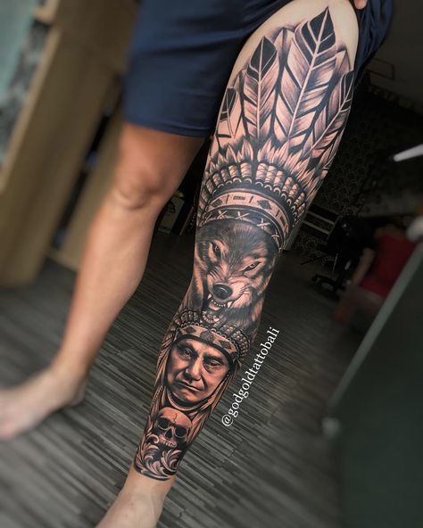 Indian Leg Tattoo Men, Creek Indian Tattoo, Apache Tattoo Design, Indian Leg Tattoo, Native American Leg Sleeve, Native Indian Tattoo Design, Native Indian Tattoo, Indian Tattoos For Men, Indian Tattoo Ideas