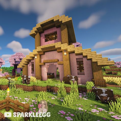 My simple little pink barn in my 1.20 Minecraft world 🥰 The field surrounding the barn used to be just a cow field, but now we have a couple sniffer friends added to the bunch ❤️ Check out my let's play on YouTube @ SparkleEgg :) #minecraft #starterhouse #aestheticminecraft #cherrygrove #cutemincraft #cute #aesthetic #minecraftbee Cute Pet Houses Minecraft, Pink Horse Stable Minecraft, Barn Design Minecraft, Cherry Wood Barn Minecraft, Cherry Barn Minecraft, Cow Minecraft Build, Cow House Minecraft, Pink Farm Minecraft, Sheep Barn Minecraft