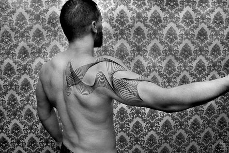 Geometric Line Tattoos By Chaim Machlev Elegantly Flow Across The Human Body Geometric Tattoo Meaning, Dots To Lines, Geometric Flower Tattoo, Small Geometric Tattoo, Geometric Animal Tattoo, Geometric Line Tattoo, Tattoo Thoughts, Uv Tattoo, Mens Shoulder Tattoo