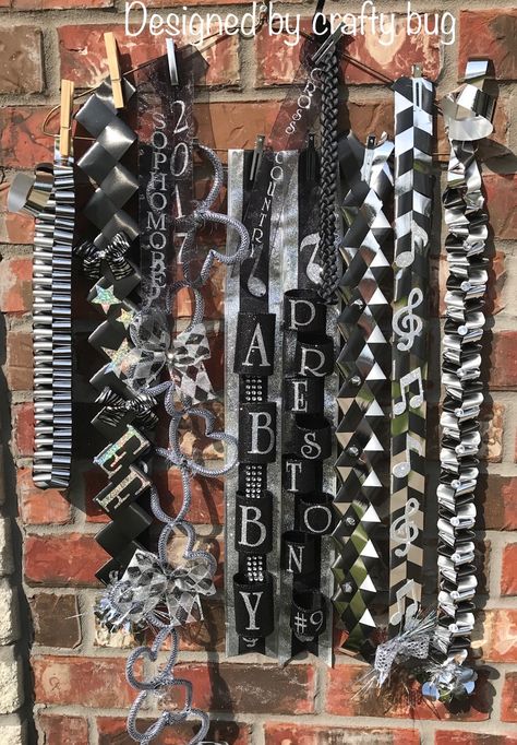 Black and silver homecoming mum braids and chains Black White And Silver Homecoming Mums, Black Homecoming Mum, Homecoming Mum Braids, Homecoming Braids, Mum Braids, Mum Making, Big Homecoming Mums, Hoco Mums, Braid Ribbon