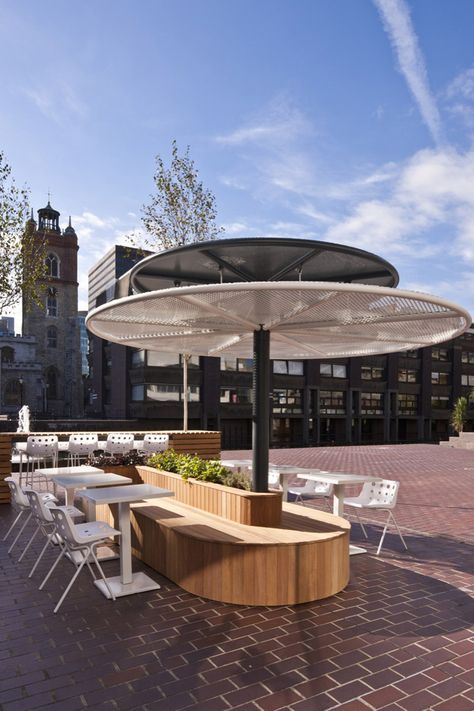 Barbican Foodhall and Lounge by SHH London 21 Restaurants London, Barbican Centre, Urban Tree, The Barbican, Bar Design Awards, Tree Furniture, Outdoor Seating Area, Outside Furniture, Outdoor Cafe