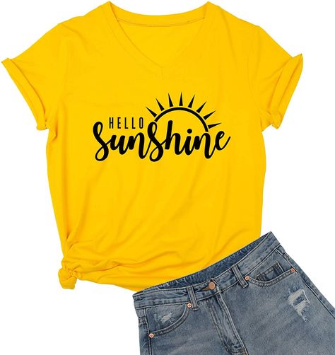 DANVOUY Womens Hello Sunshine Shirt Summer Short Sleeve V-Neck Graphic T-Shirt Nature Shirt Tops Tees #WomensTShirt #DANVOUY #Affiliate Printed Tee Women, Sunshine Shirt, T-shirt Print Design, Yellow Shirt, Nature Shirts, Shirt Print Design, Hello Sunshine, Long Sleeve Casual, Summer Shirts