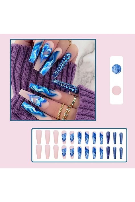 Press on Nail Long Coffin Fake Nails Blue Flame with Heart and Rhinestones Design Matte Full Cover False Nails Artificial Nails Glossy Glue on Nails Stick on Acrylic for Women 24Pcs Long Square Nails, Impress Nails, Tapered Square Nails, Long Press On Nails, Nails Glossy, Nails Now, Nail Type, Blue Flame, Glamorous Nails