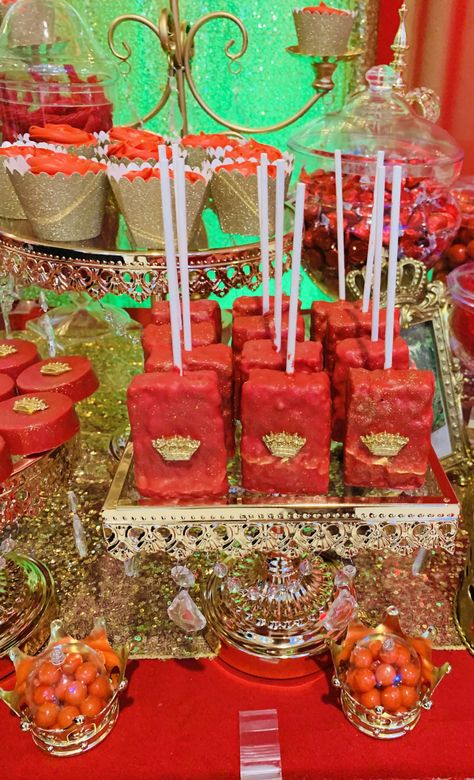 Red and Gold Rice Krispy treats Red And Gold Candy Table Ideas, Quinceanera Dresses For Damas, Red And Gold Quinceanera Dresses, Gold Macaroons, Red And Gold Quinceanera, Chambelan Outfits, Gold Quinceanera Theme, Red Quinceanera Ideas, Quince Themes