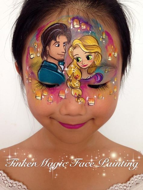 Rapunzel Face Paint, Simple Princess Face Paint, Face Painting Ideas Princess, Encanto Face Painting, Disney Face Painting, Rainbow Princess Face Paint, Professional Face Paint, Rapunzel And Flynn, Flynn Rider