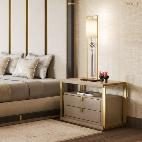 Pick of the Week | Bedside Tables: For instant wow-factor, look to the LEXTON. Playing with the idea of a design within a design, it features a two-drawer box of glossy wood veneer set within a framework of veneer and metal. See more designs at the link in our bio. #FRATO #TimelessInteriorsbyFRATO #LuxuryInteriors #InteriorDesign #PickoftheWeek #BedsideTables Side Tables For Bed, Bed Side Table Design Modern, Luxury Bed Side Table Design, Side Tables Bedroom Modern Luxury, Side Tables Bedroom Modern, Modern Side Table Bedroom, Wooden Bed Side Table, Bed Side Table Design, Meja Nakas