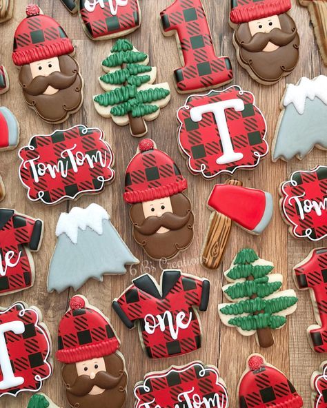 Lumberjack Cookies, Lumberjack First Birthday Cake, Lumberjack Cookies Decorated, Lumberjack First Birthday Cookies, Lumberjack Cookies 1st Birthday, Lumberjack First Birthday Outfit, Baby Lumberjack, Enchanted Forest Baby Shower, First Birthday Cookies