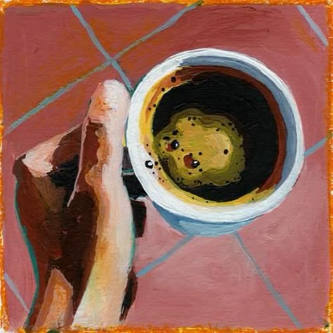 Coffee Cup Art Paintings, Daily Routine Art, Coffee Aesthetic Art, Cup Of Coffee Painting, Coffee Acrylic Painting, Rachel Petruccillo, Coffee Cup Painting, Tea Painting, Coffee Paintings