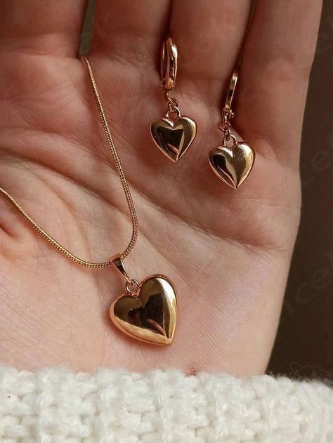 $1.50 Heart Shaped Pendant Necklace, Gold Collar, Women's Jewelry Sets, Heart Shaped Earrings, Jewelry Lookbook, Heart Shape Pendant, Fancy Jewelry, Necklace Women, Girly Jewelry