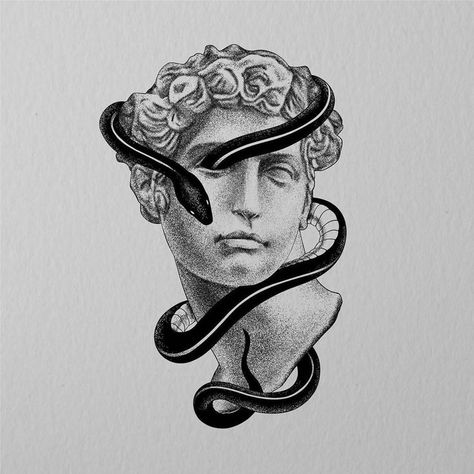 Pin by Danielly Cazonire on Tatto | Surreal tattoo, Greek tattoos, Greek mythology tattoos Apollon Tattoo, Tattoos Greek, Gotik Tattoo, Surreal Tattoo, Statue Tattoo, Greek Mythology Tattoos, Stippling Art, Mythology Tattoos, Medusa Tattoo