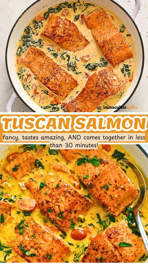 Get ready for a flavorful Italian-inspired dish! Pan-seared salmon in a rich, creamy Tuscan sauce with garlic, spinach, and sun-dried tomatoes. Less than 30 minute recipe! #TuscanSalmon #CreamySalmonRecipe #SalmonRecipes Tuscan Sauce, Creamy Tuscan Salmon, Tuscan Salmon Recipe, Tuscan Salmon, Creamy Seafood, Creamy Salmon, Garlic Spinach, Seafood Recipe, Pan Seared Salmon