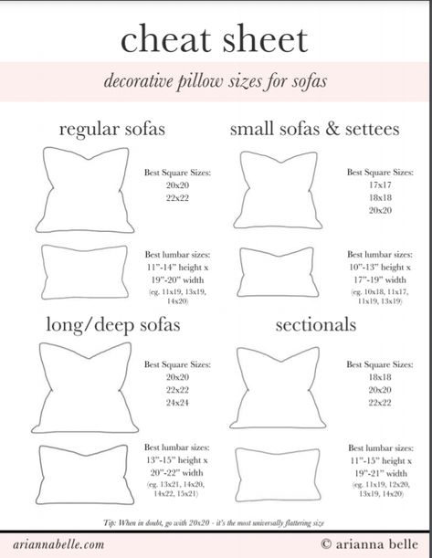 Decorative sofa pillow size guide Bedroom Pillows Arrangement, Cushion Arrangement, Pillow Size Guide, Pillow Sizes Chart, Deep Sofa, Room Tips, Pillow Sizes, Throw Pillows Living Room, Bloxburg Ideas