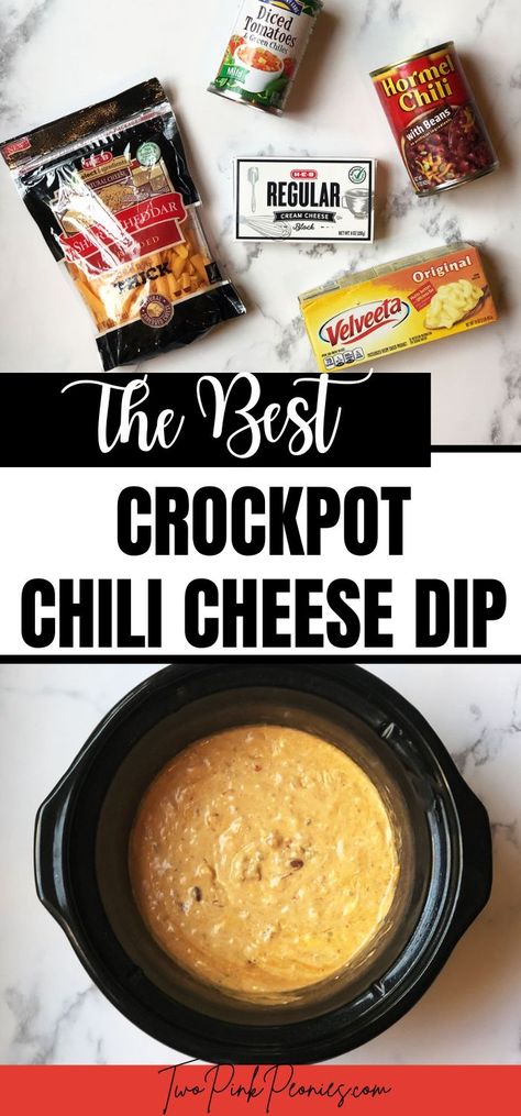 Image with text overlay that says the beset crockpot chili cheese dip. On top is an image of the ingredients and below is the dip prepared in a crockpot. Crockpot Taco Cheese Dip, Man Dip Recipe Crock Pot, Appetizer Recipes Easy Crockpot, Bean And Cheese Dip Crockpot, Chili Bean Dip Recipes, Easy Crockpot Recipes Dips, Quick Crockpot Dips, Chili Cheese Dip Crockpot Velveeta, Mexican Crock Pot Dip