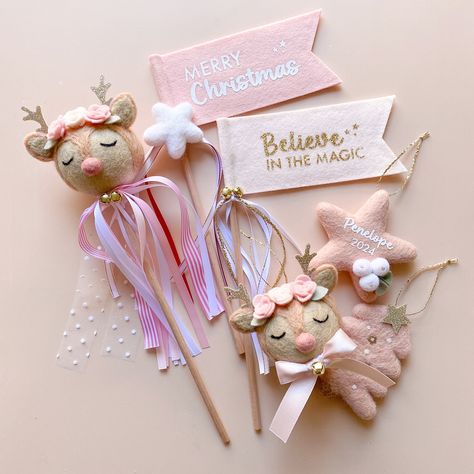 Some pretty things on the packing table today 🎀 Wishing everyone a lovely weekend! 💗 I’ve just restocked CHRISTMAS FELT FLAG WANDS and PINK REINDEER ORNAMENTS. These go fast, so if you’ve had your eye on them, now’s the time! ✨ #pinkchristmas #christmasdecor #christmasgiftsideas Pink Felt Ornaments, Christmas Wands, Felt Wands, Felt Reindeer, Pink Reindeer, Felt Flag, Pink Felt, Christmas Felt, Reindeer Ornaments