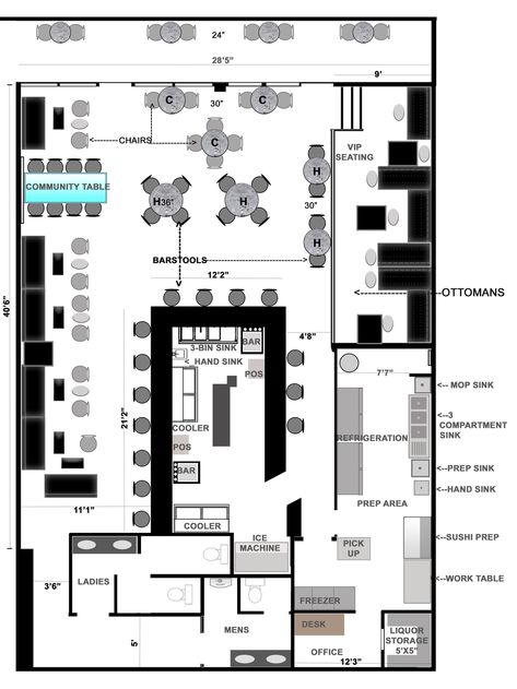 Restaurant & Lounge Floor Plan by Raymond Haldeman Restaurant Floor Plan With Dimensions, Restaurant Layout Design, Restaurant Design Plan, Cafe Floor Plan, Cafe Plan, Restaurant Floor Plan, Restaurant Kitchen Design, Floor Plan With Dimensions, Restaurant Layout