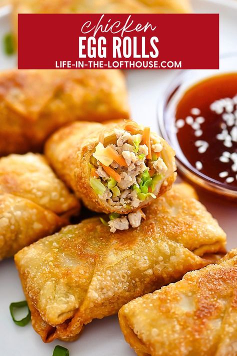 Crispy Chicken Egg Rolls with a homemade sweet and sour sauce. Egg Roll Wrapper Recipes Chicken, Sweet Eggrolls, Sausage Egg Rolls, Easy Eggrolls Recipe, Crispy Egg Rolls, Egg Roll Meals, Spring Egg Rolls Recipe, Japanese Egg Roll, Eggroll Recipe Chicken