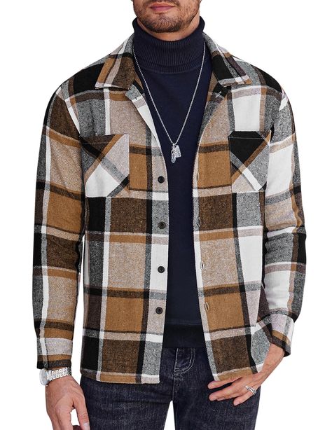 PRICES MAY VARY. MATERIAL: This plaid shirt is made from premium fabric, ensuring a soft, comfortable, and skin-friendly feel. It keeps you warm during autumn, spring, and chilly winters, all while maintaining a fashionable look. FEATURE: The flannel shirt showcases a classic plaid pattern that exudes timeless appeal. With its front button closure, it offers convenience and ease of wear. The shirt's medium weight provides the perfect balance of warmth and comfort. It is equipped with two chest p Mens Flannel Jacket, Fleece Shacket, Mens Plaid Flannel, Men Vest, Mens Clothing Brands, Plaid Shirt Men, Plaid Shirts, Flannel Shirts, Mens Flannel Shirt