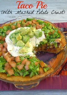 Taco Pie with mashed Potato Crust ~ This easy Taco Pie starts with a seasoned mashed potato crust and is full of the Mexican flavors without the heat which makes it very kid-friendly #TacoPie #PotatoCrust #QuickAndEasyRecipe Mashed Potato Crust, Easy Taco Pie, Chicken Taco Casserole, Potato Crust, Taco Pie, Easy Taco, Mashed Potato, Peppers Recipes, Mexican Dishes