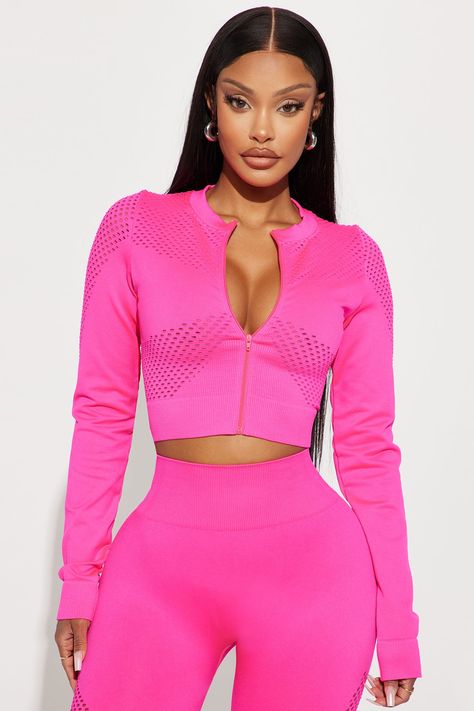 Available In Black, White, And Hot Pink. Active Jacket Full Zip Front Closure Cropped Long Sleeve Laser Cut Seamless Pair with Work Out For Me Laser Cut Seamless Jacket 92% Nylon 8% Elastane Imported | Work Out For Me Laser Cut Seamless Jacket in Hot Pink size XS/S by Fashion Nova Athletic Lounge Wear, Hot Pink Fashion, Goals Inspiration, Cropped Long Sleeve, Active Jacket, Fashion Nova Models, Tops Fashion, Hack Tool, Everything Pink