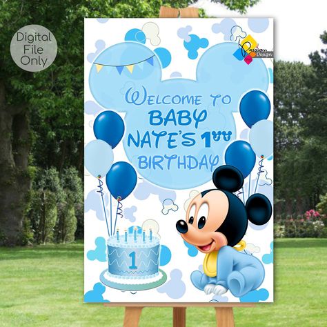 Mickey Mouse Welcome Board, Mickey Mouse Birthday Decorations Blue, Welcome Birthday Board, Mickey Mouse Blue Birthday, Blue Mickey Mouse Party 1st Birthdays, Birthday Welcome Board Entrance, Blue Mickey Mouse Birthday, First Birthday Welcome Board, Welcome Board For Birthday Party