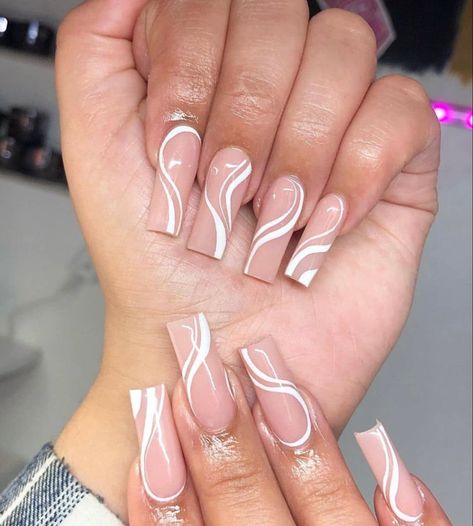 Pearl Acrylic Nails, Acrylic Nails Square, Swirl Nails, White Coffin Nails, S Nails, White Acrylic Nails, Girly Acrylic Nails, French Tip Acrylic Nails, Cute Acrylic Nail Designs