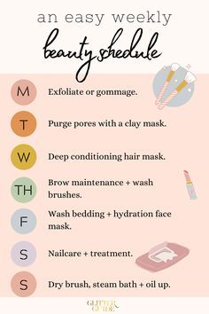 beauty routine - beauty schedule - skincare routine Weekly Beauty Routine Checklist, Weekly Beauty Routine, Beauty Schedule, Beauty Maintenance Routine, Easy Schedule, Brow Maintenance, Beauty Routine Weekly, Routine Weekly, Get Rid Of Pores