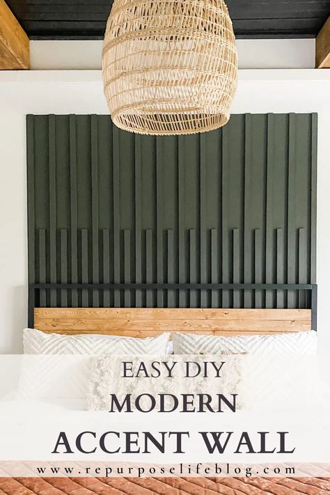 Build Your Own Headboard, Trim Accent Wall Ideas, Mid Century Modern Accent Wall, Trim Accent Wall, Shiplap Trim, Board And Batten Accent Wall, Modern Accent Wall, Batten Accent Wall, Accent Wall Design