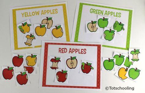 Apple Color Sorting Mats for Toddlers & Preschoolers | Totschooling - Toddler, Preschool, Kindergarten Educational Printables Back To School For Toddlers, Toddler Apple Activities, September Preschool Themes, Math Apple Activities, Preschool Apple Activities, Preschool Apple Theme, September Preschool, Toddler Math, Apple Lessons