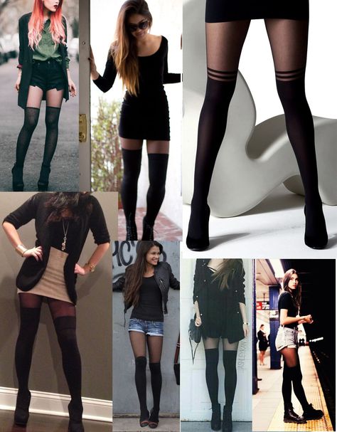 ♥ Black thigh high tights on black everything Faux Thigh High Tights, Thigh High Socks Outfit Summer, Thigh High Tights Outfit, Thigh High Sock Outfit, Thigh High Stocking Outfit Ideas, Black Thigh High Socks Outfit, Thigh High Stockings Outfit, How To Wear Thigh High Socks, Outfits With Thigh High Socks