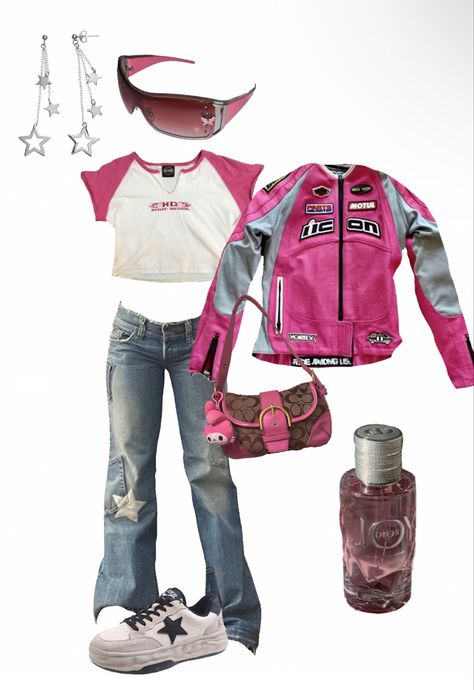 Pink Racer Outfit, Race Car Aesthetic Outfits, Pink Racer Jacket, Race Car Jacket Outfit, Race Jacket Outfit, Racing Jacket Women, Racer Jacket Outfit Women, Pink Leather Jacket Outfit, Racecar Jacket